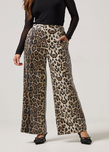 PixieGirl Petite Brown Animal Sequin Wide Leg Trousers