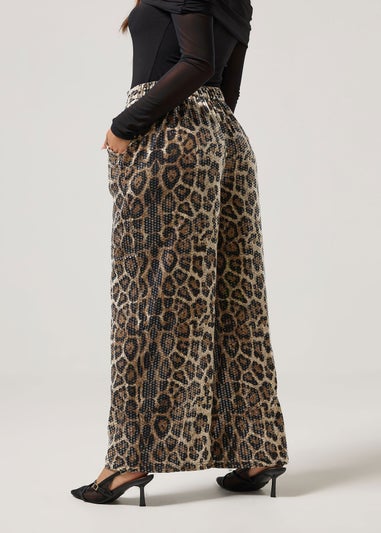 PixieGirl Petite Brown Animal Sequin Wide Leg Trousers