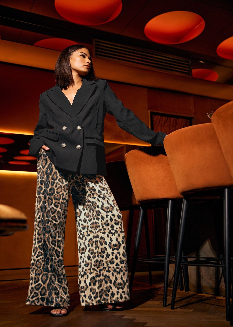 PixieGirl Petite Brown Animal Sequin Wide Leg Trousers