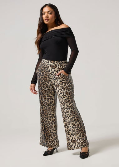 PixieGirl Petite Brown Animal Sequin Wide Leg Trousers