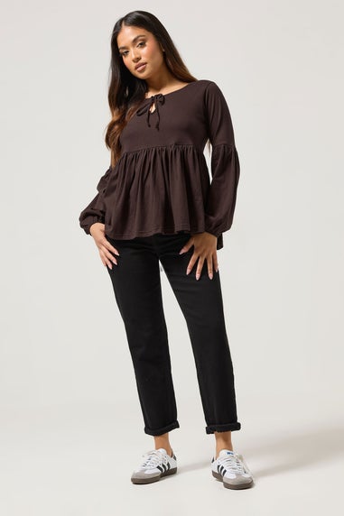 PixieGirl Petite Chocolate Brown Tie Front Smock Top