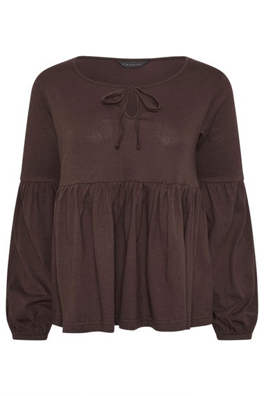 PixieGirl Petite Chocolate Brown Tie Front Smock Top