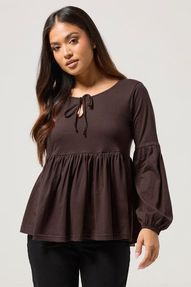 PixieGirl Petite Chocolate Brown Tie Front Smock Top