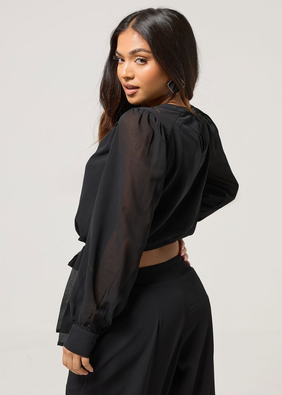 PixieGirl Petite Black Chiffon Side Tie Blouse