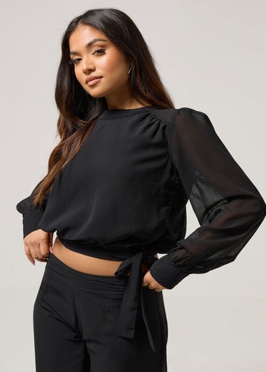 PixieGirl Petite Black Chiffon Side Tie Blouse