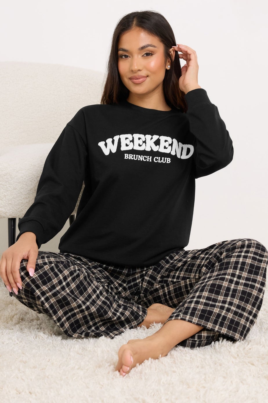 PixieGirl Petite Black 'Weekend Brunch Club' Slogan Lounge Top