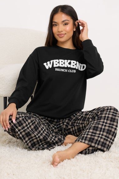 PixieGirl Petite Black 'Weekend Brunch Club' Slogan Lounge Top