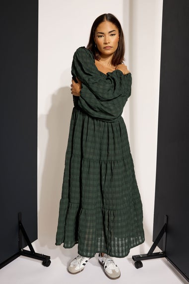 PixieGirl Petite Green Crinkle Check Tiered Dress