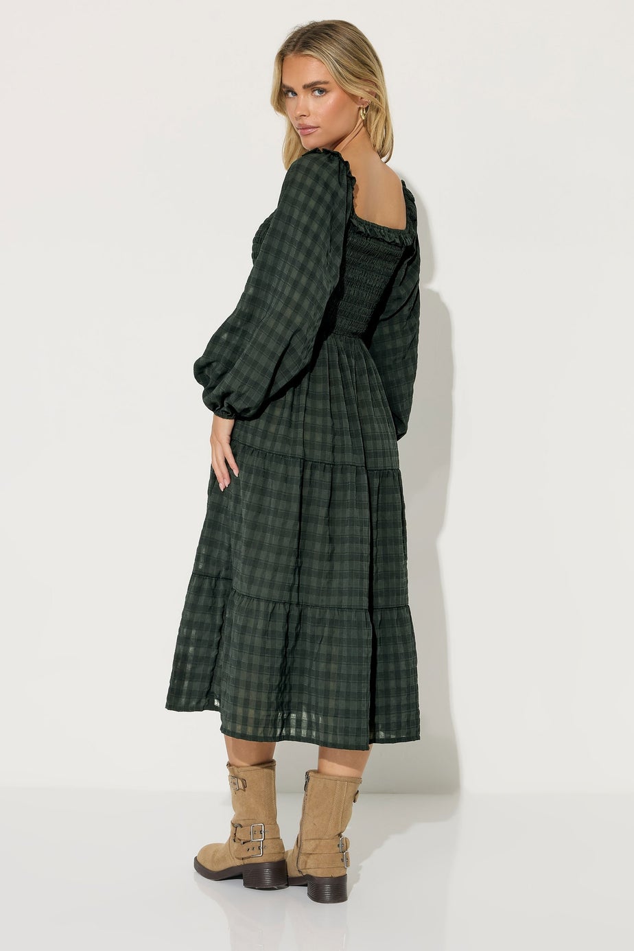 PixieGirl Petite Green Crinkle Check Tiered Dress