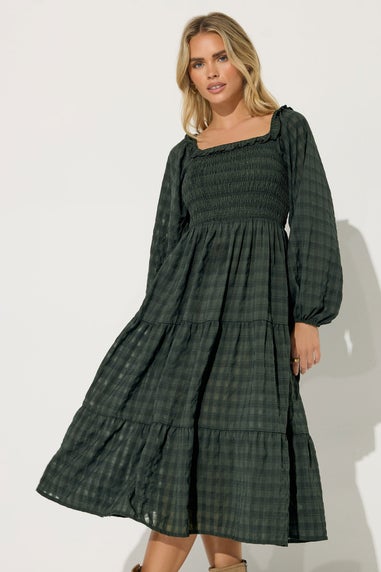 PixieGirl Petite Green Crinkle Check Tiered Dress