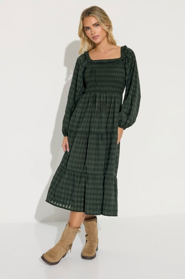 PixieGirl Petite Green Crinkle Check Tiered Dress
