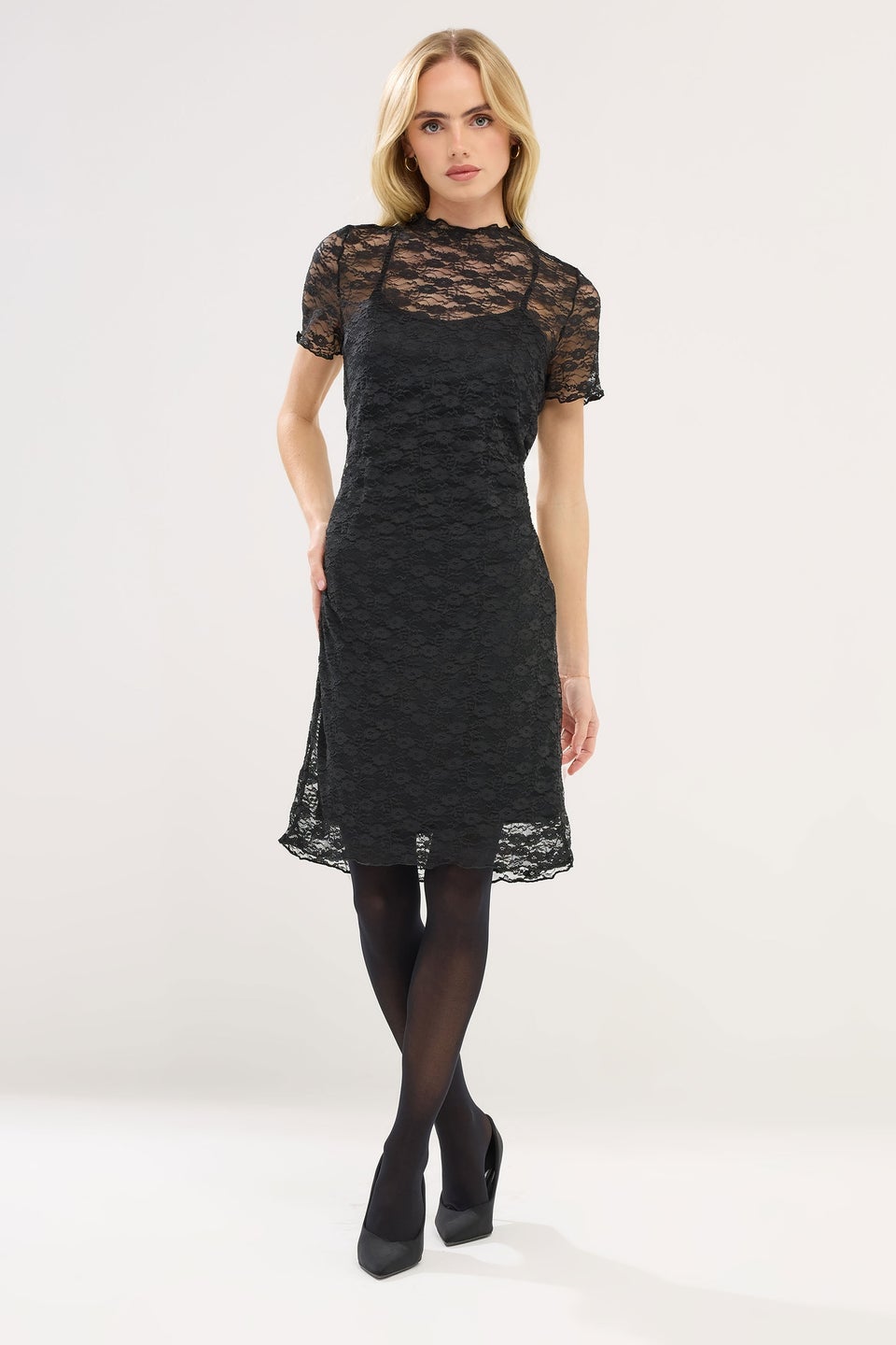 PixieGirl Petite Black Lace Short Sleeve Dress