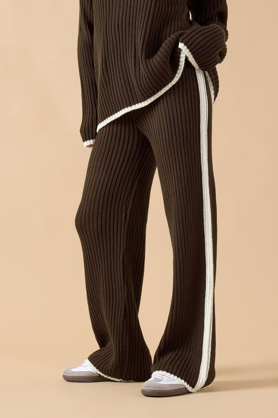 PixieGirl Petite Chocolate Brown Knitted Side Stripe Trousers