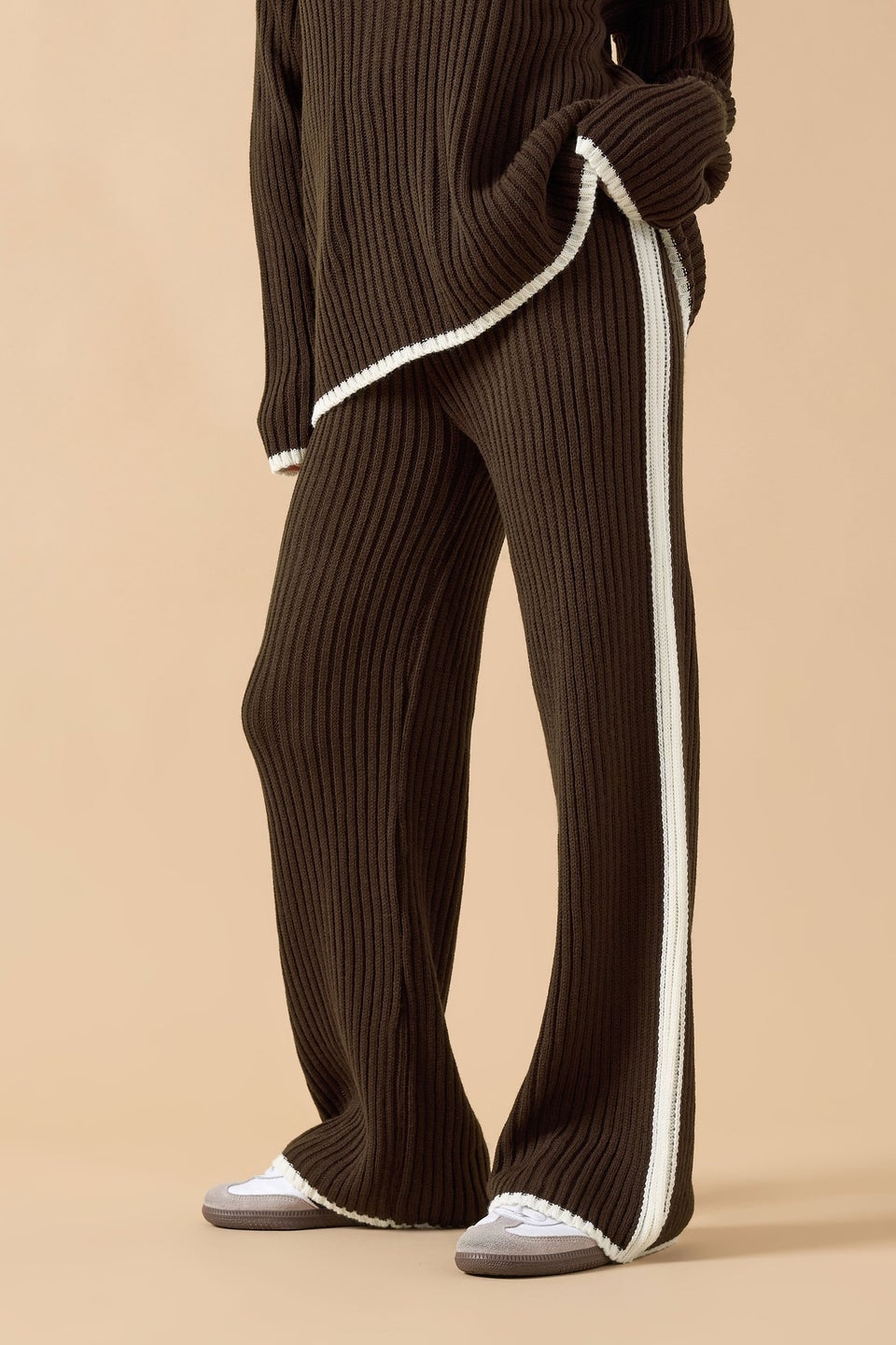 PixieGirl Petite Chocolate Brown Knitted Side Stripe Trousers