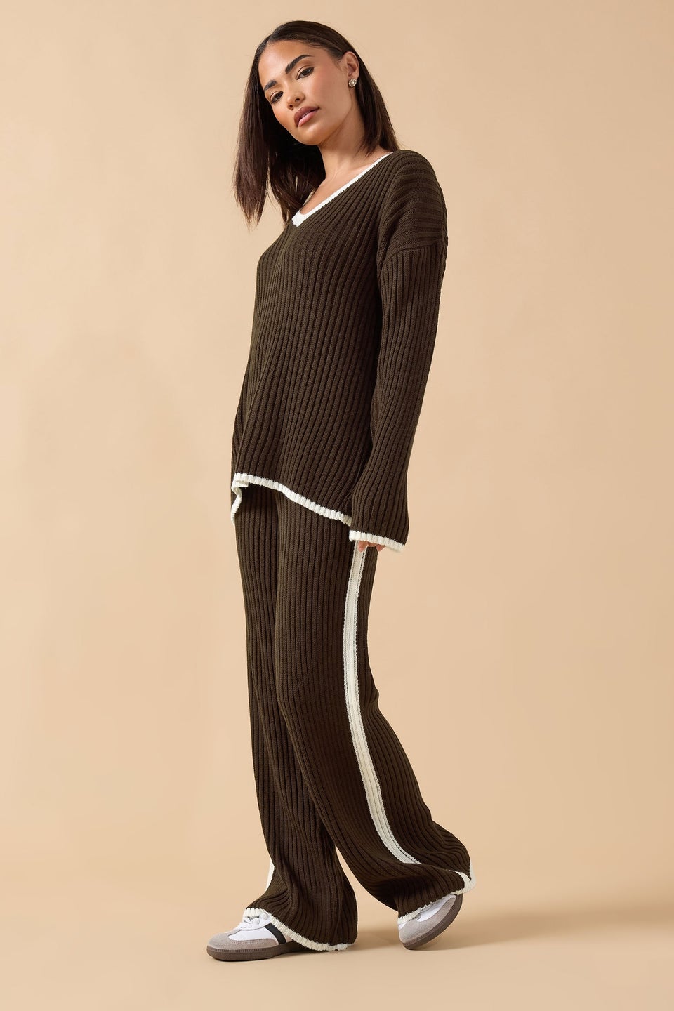 PixieGirl Petite Chocolate Brown Knitted Side Stripe Trousers