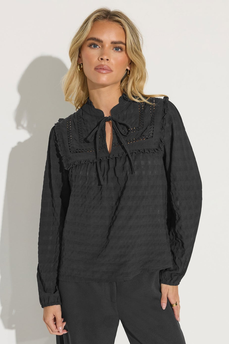 PixieGirl Petite Black Crinkle Crochet Tie Neck Blouse