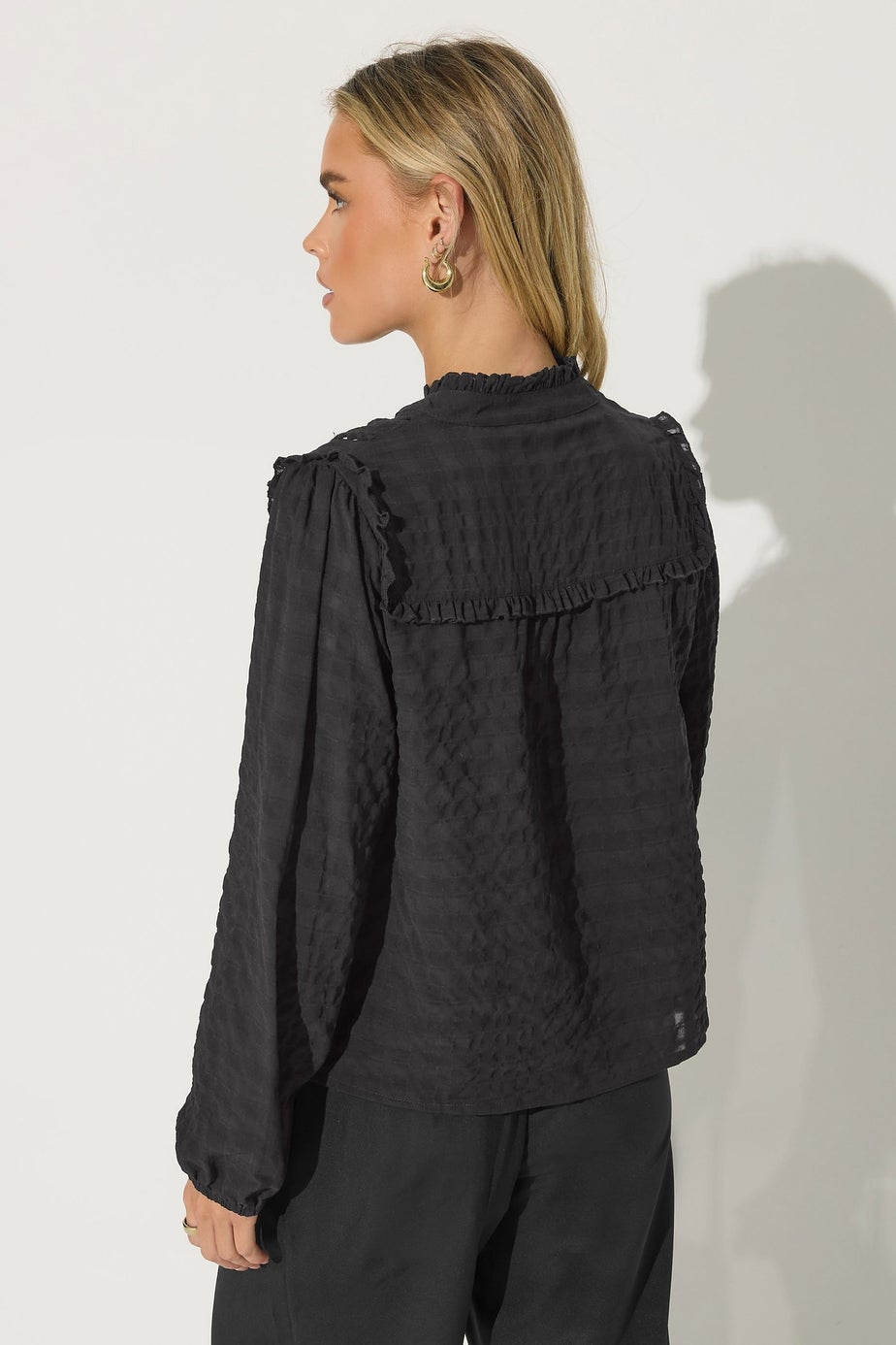 PixieGirl Petite Black Crinkle Crochet Tie Neck Blouse
