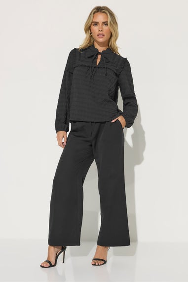 PixieGirl Petite Black Crinkle Crochet Tie Neck Blouse