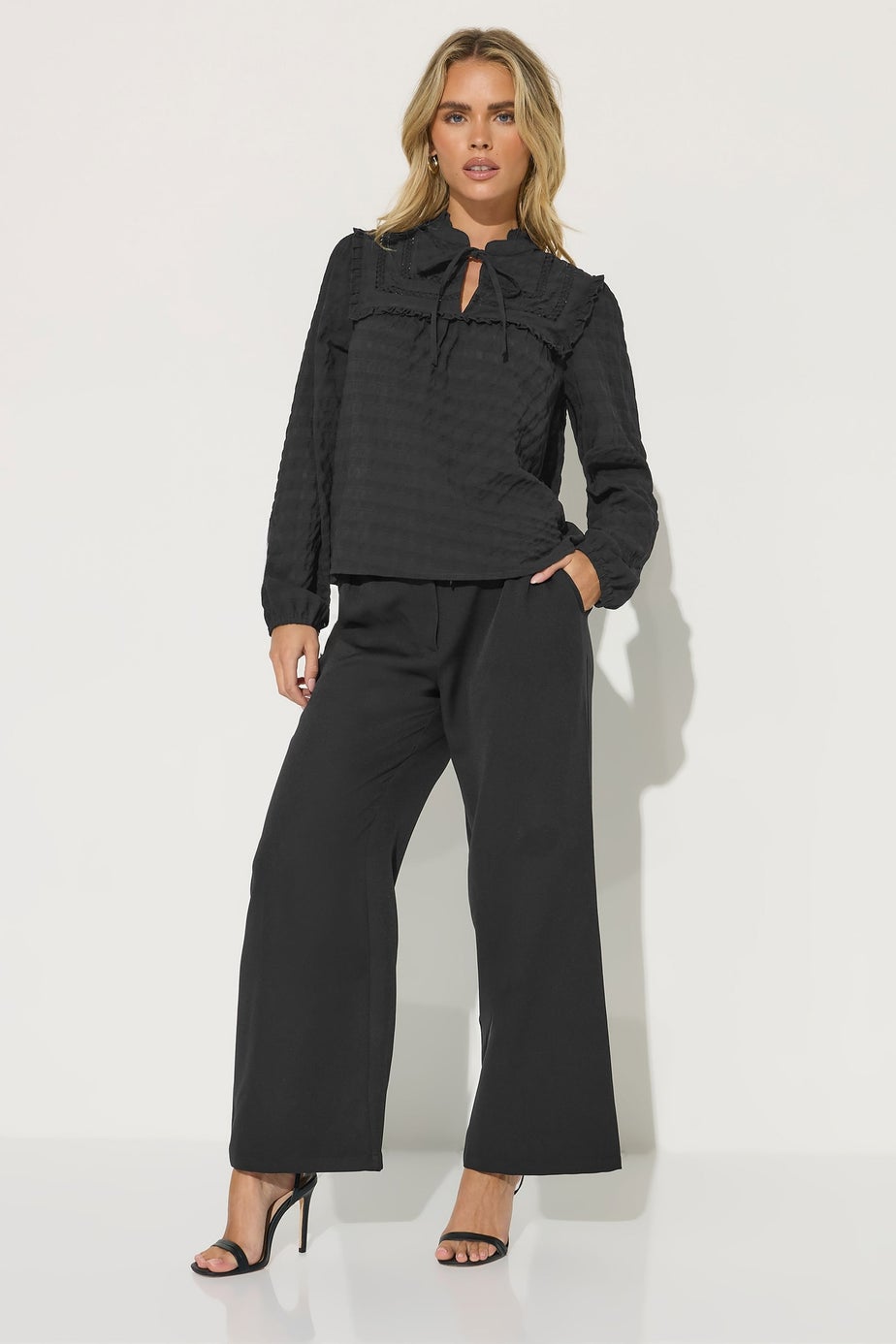 PixieGirl Petite Black Crinkle Crochet Tie Neck Blouse