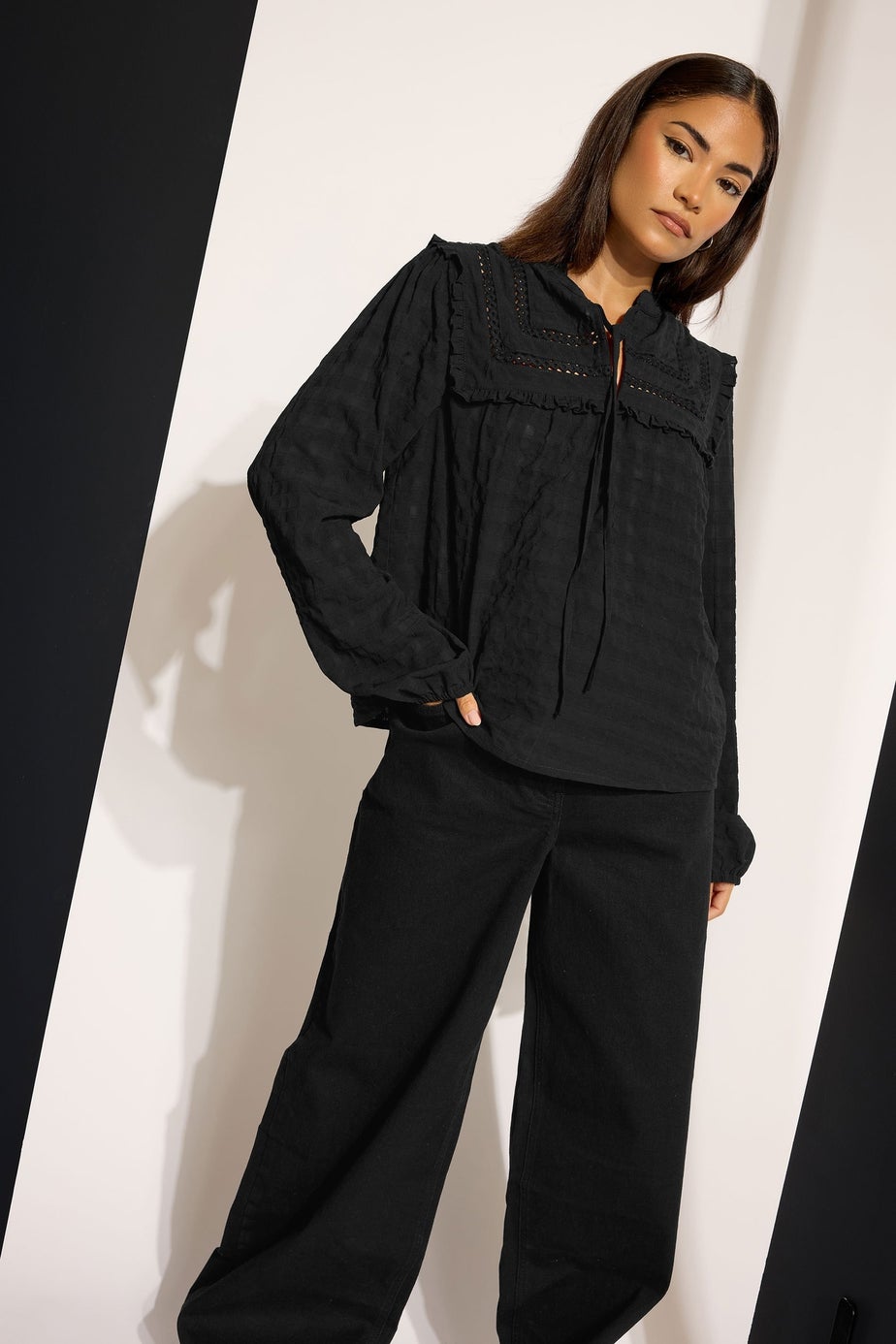 PixieGirl Petite Black Crinkle Crochet Tie Neck Blouse