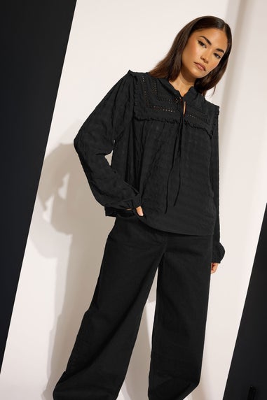 PixieGirl Petite Black Crinkle Crochet Tie Neck Blouse