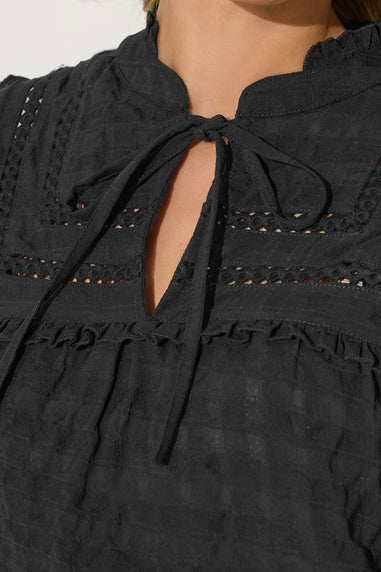 PixieGirl Petite Black Crinkle Crochet Tie Neck Blouse