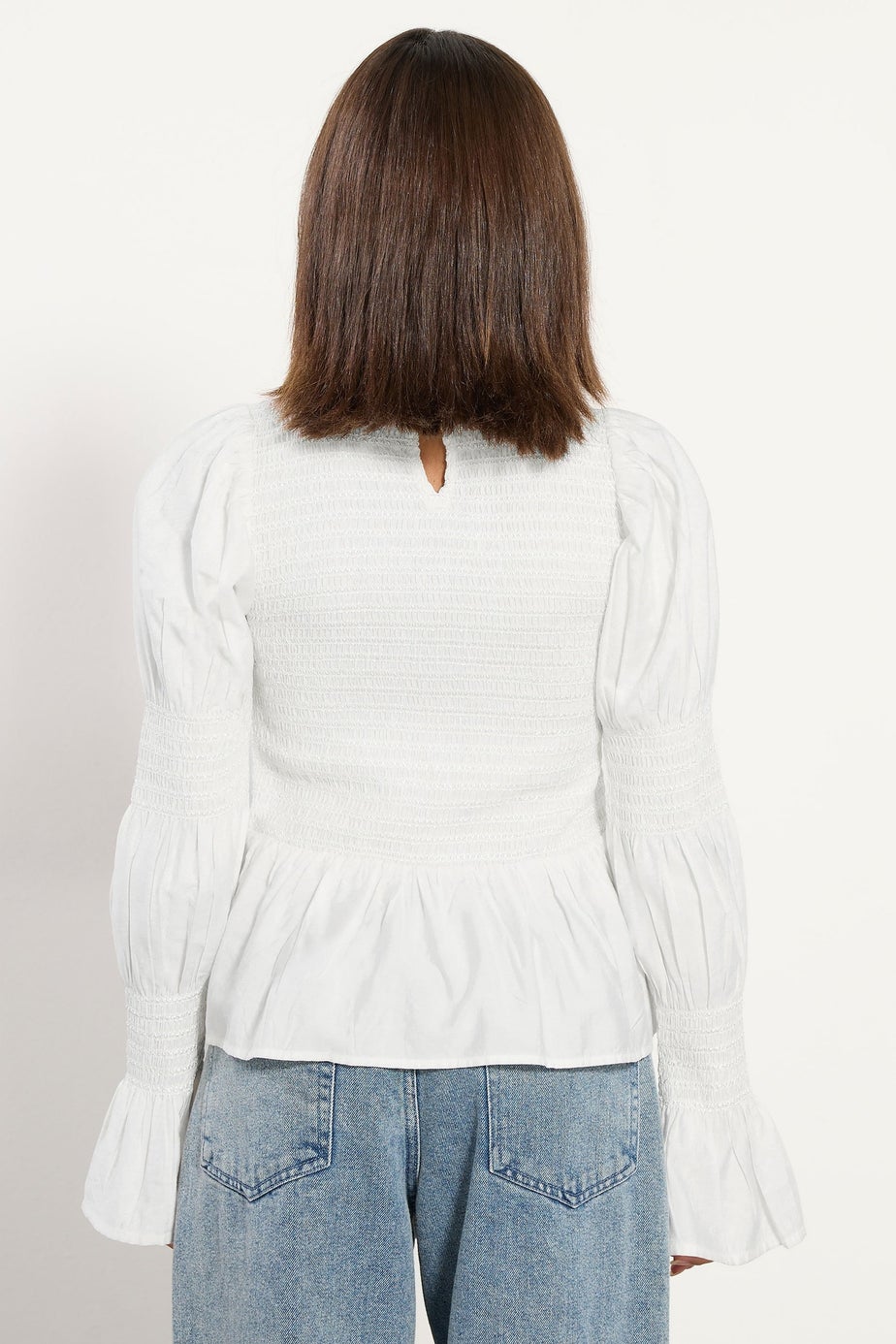 PixieGirl Petite White Shirred Peplum Smock Top