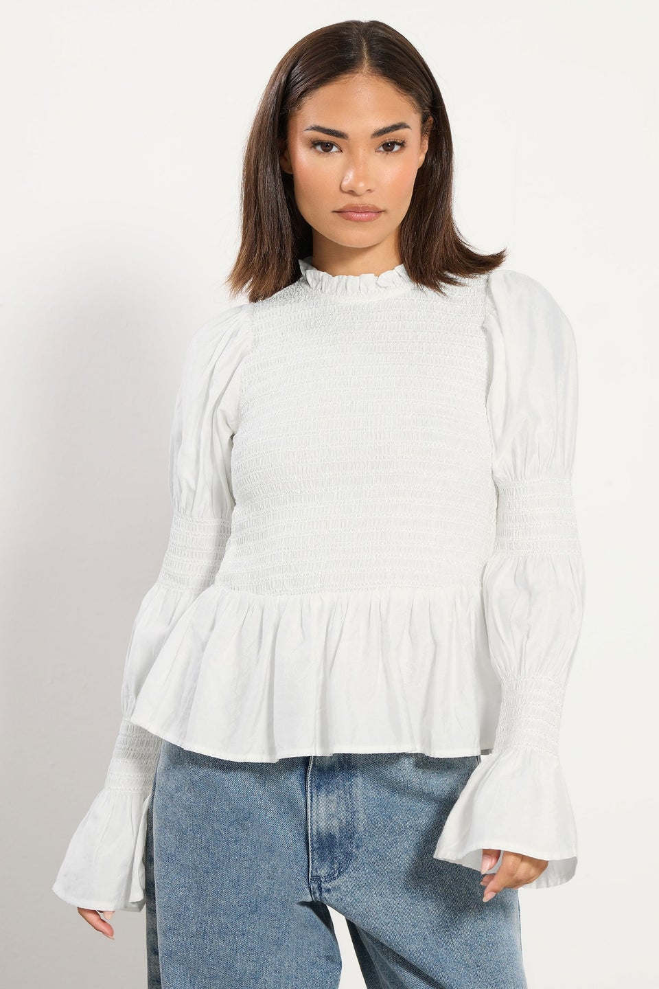 PixieGirl Petite White Shirred Peplum Smock Top