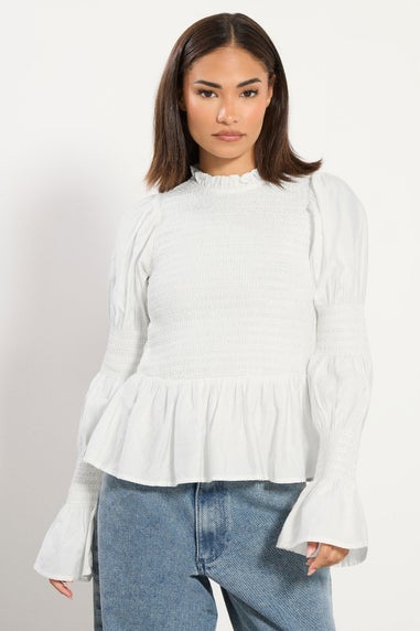 PixieGirl Petite White Shirred Peplum Smock Top