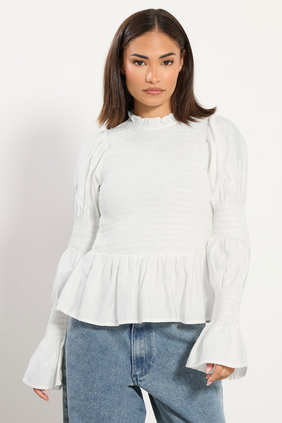 PixieGirl Petite White Shirred Peplum Smock Top