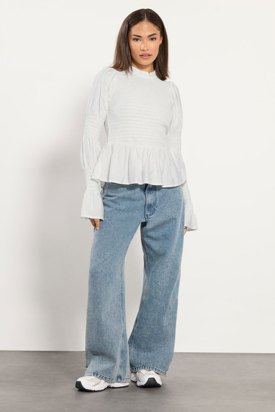 PixieGirl Petite White Shirred Peplum Smock Top