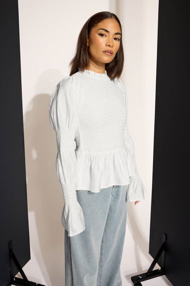 PixieGirl Petite White Shirred Peplum Smock Top