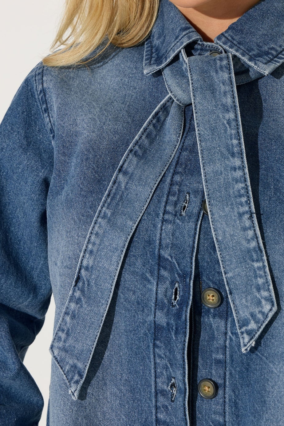PixieGirl Petite Blue Denim Tie Neck Shirt