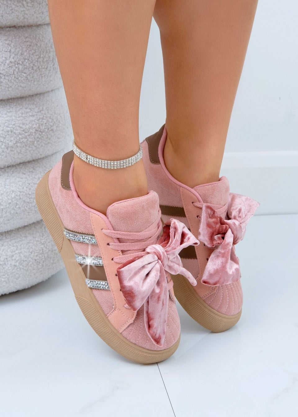 Love Lemonade Pink Crystal Plush Bow Stripe Trainers