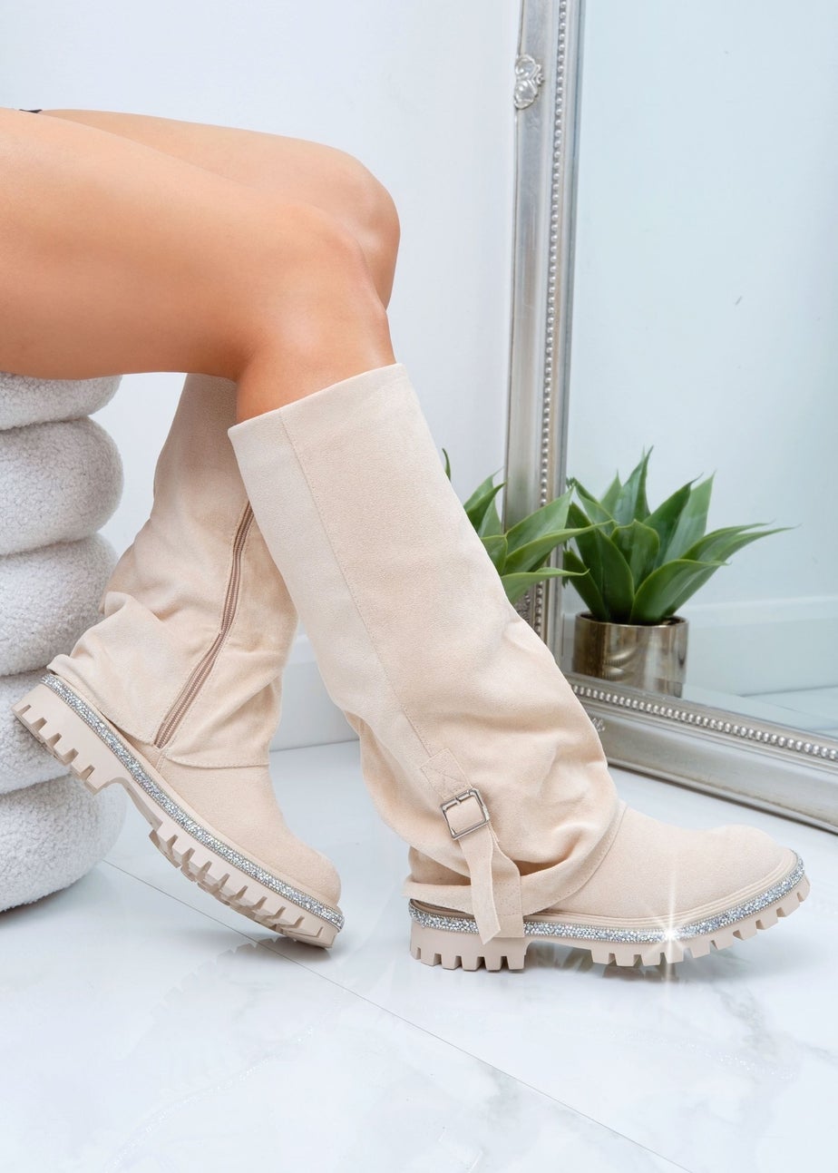 Love Lemonade Nude Crystal Trim Wild Obsession Knee High Boots