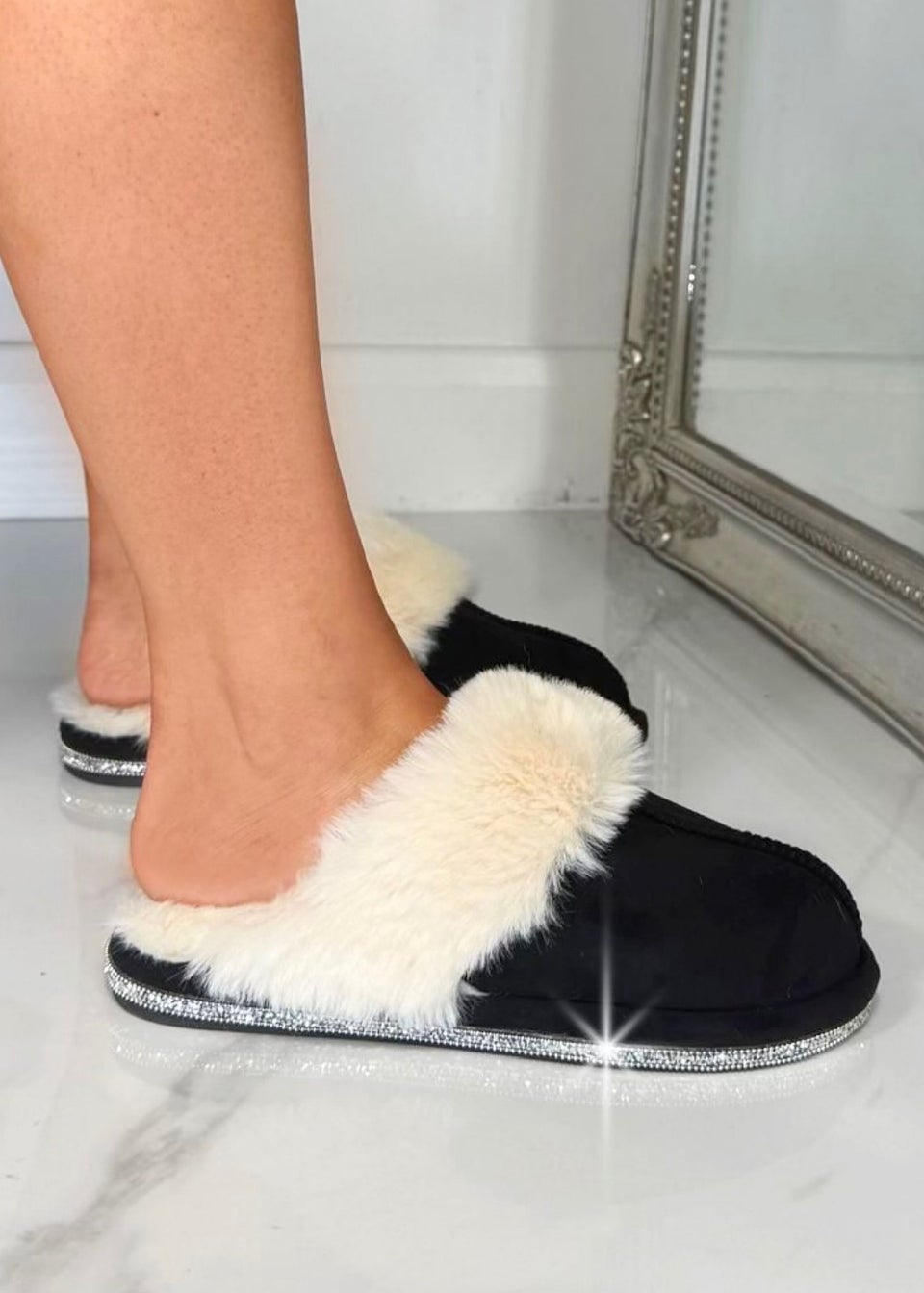 Love Lemonade Black Crystal Trim Cosy Slippers