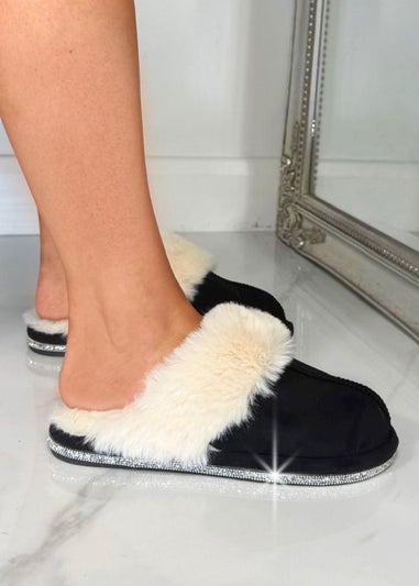 Love Lemonade Black Crystal Trim Cosy Slippers