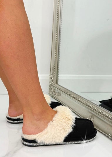 Love Lemonade Black Crystal Trim Cosy Slippers