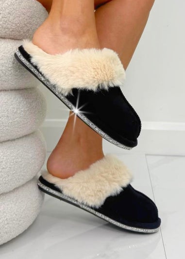 Love Lemonade Black Crystal Trim Cosy Slippers