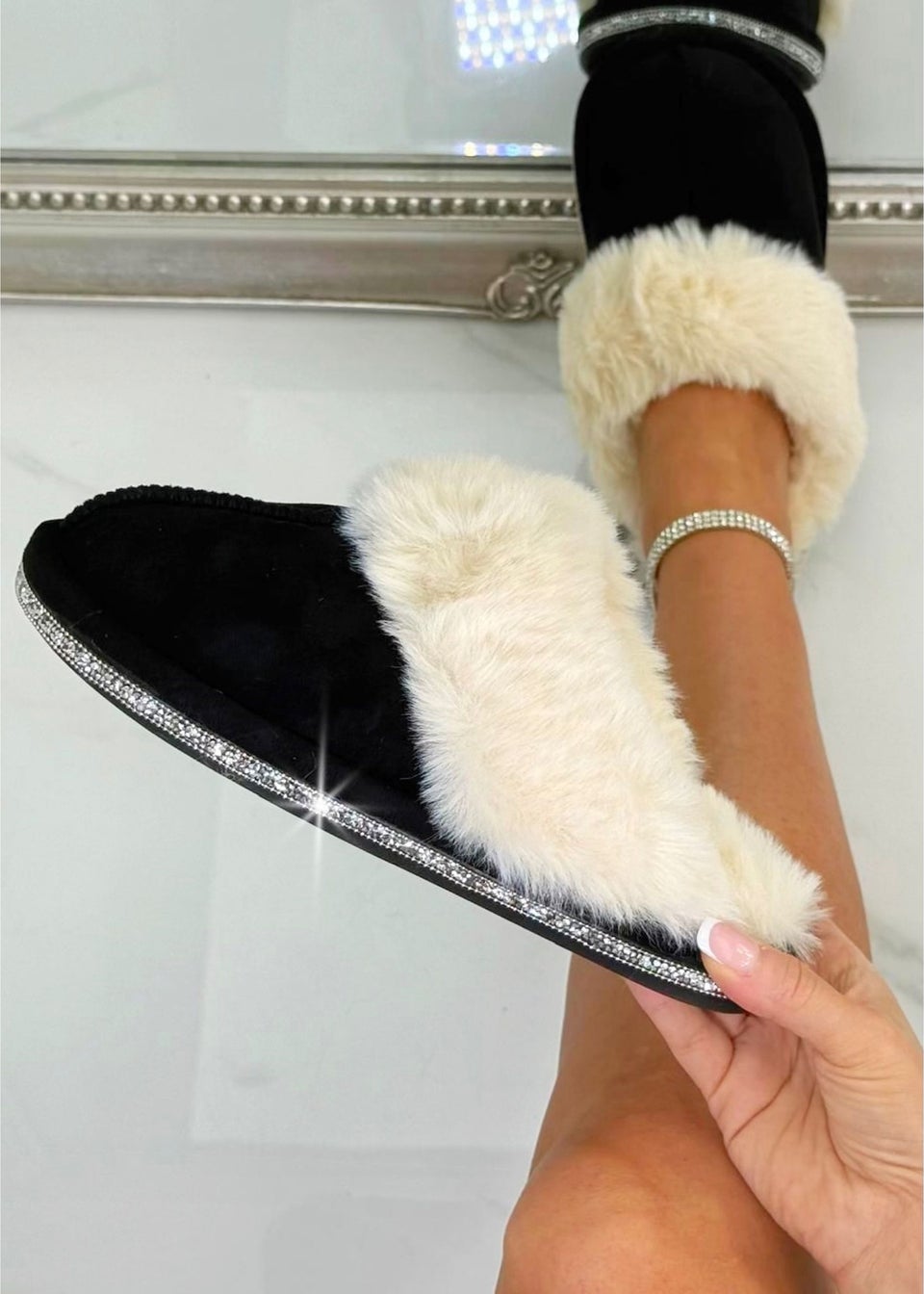 Love Lemonade Black Crystal Trim Cosy Slippers