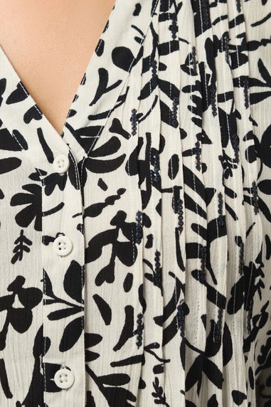 Evans Curve Black & White Floral Print Pintuck Blouse