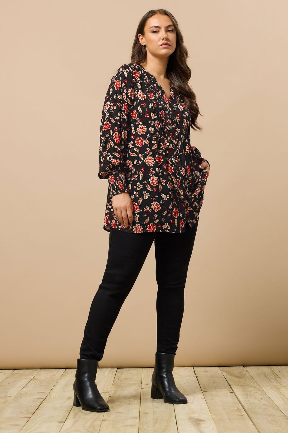 Evans Curve Black & Red Floral Print Pintuck Blouse