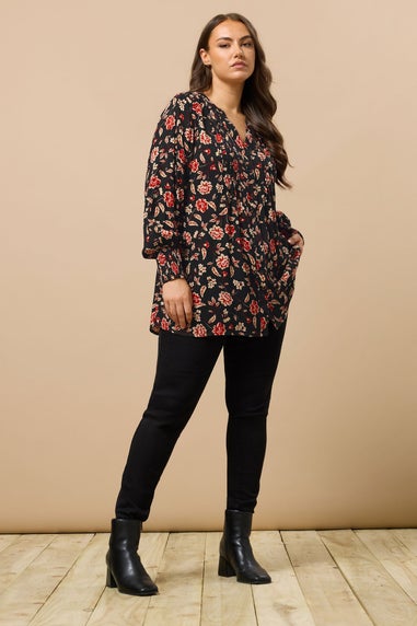 Evans Curve Black & Red Floral Print Pintuck Blouse