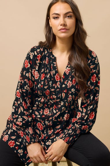 Evans Curve Black & Red Floral Print Pintuck Blouse
