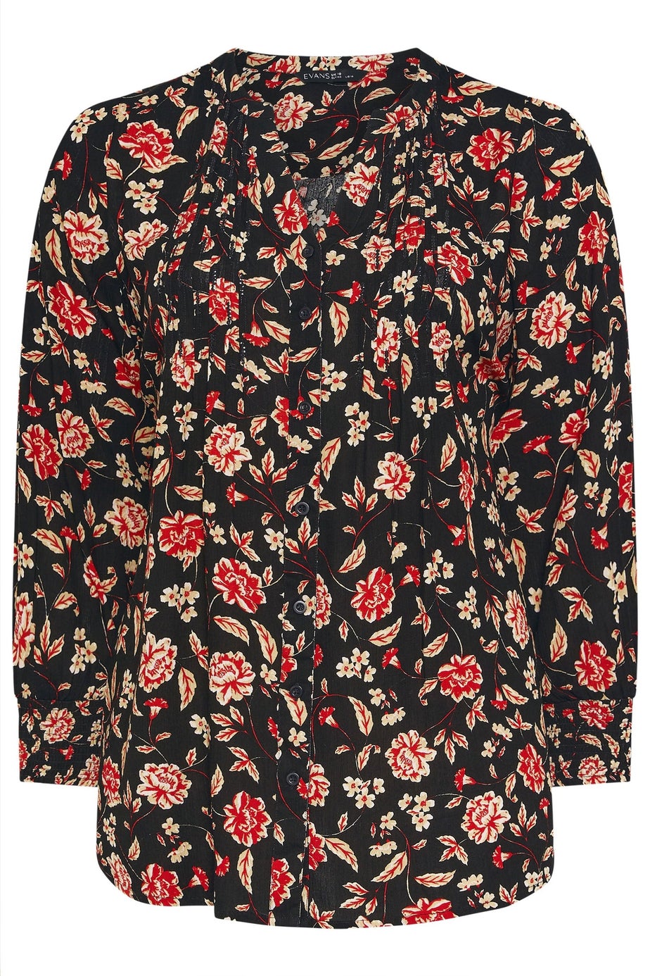 Evans Curve Black & Red Floral Print Pintuck Blouse