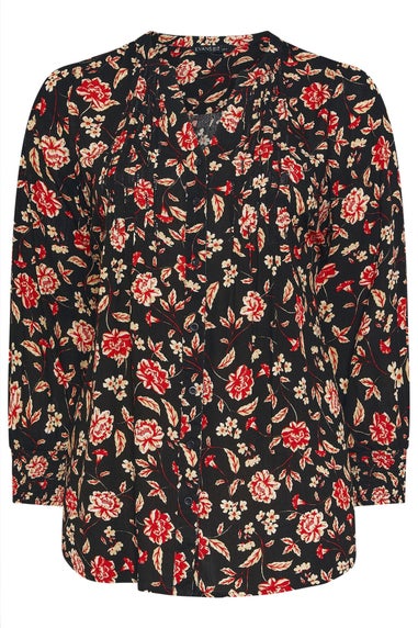 Evans Curve Black & Red Floral Print Pintuck Blouse