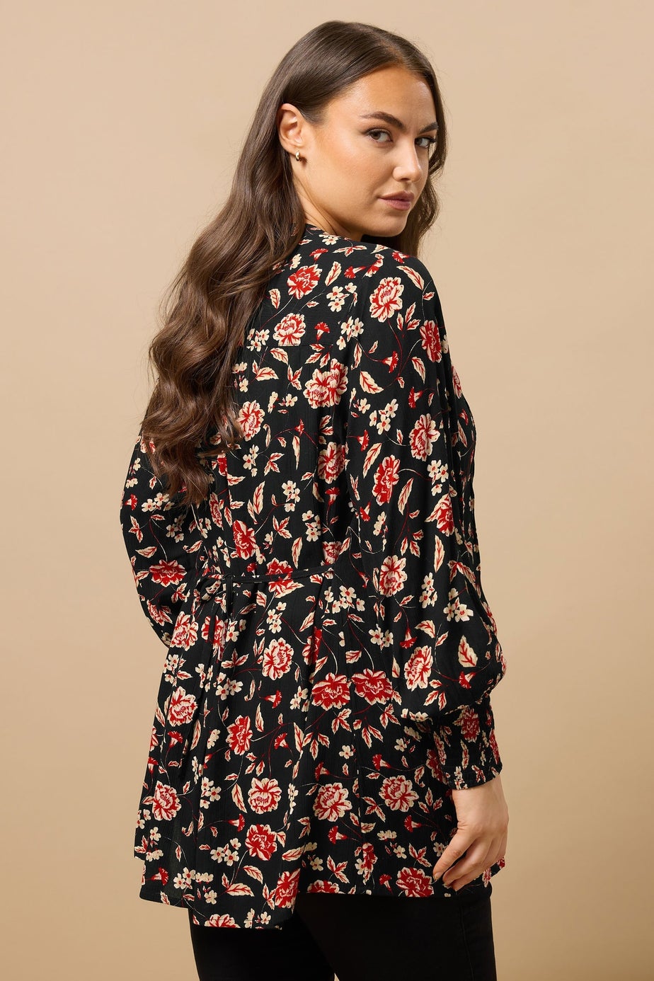 Evans Curve Black & Red Floral Print Pintuck Blouse