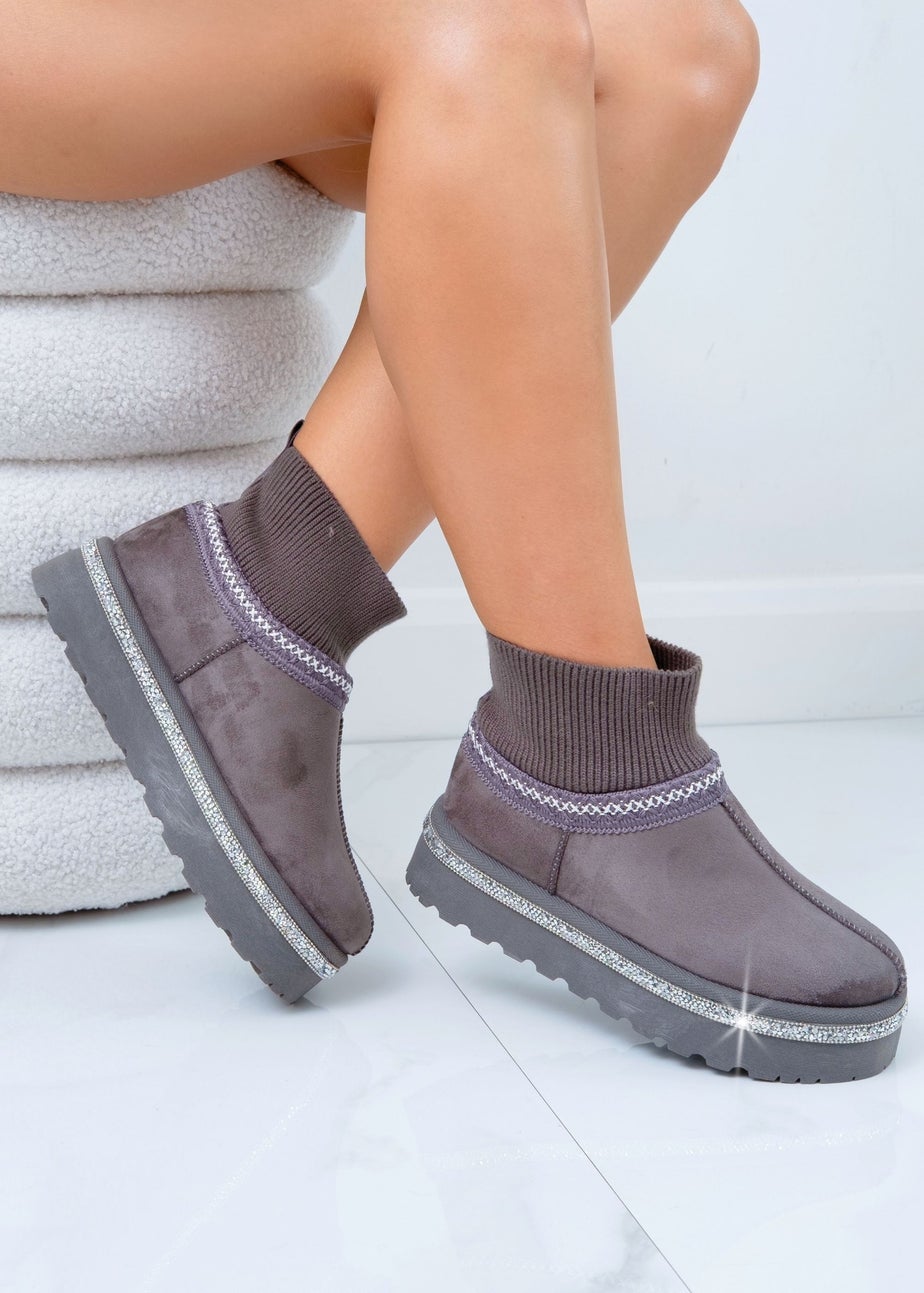 Love Lemonade Grey Sparkly Stretch Sock Warmer Mini Snugg Slipper Boots