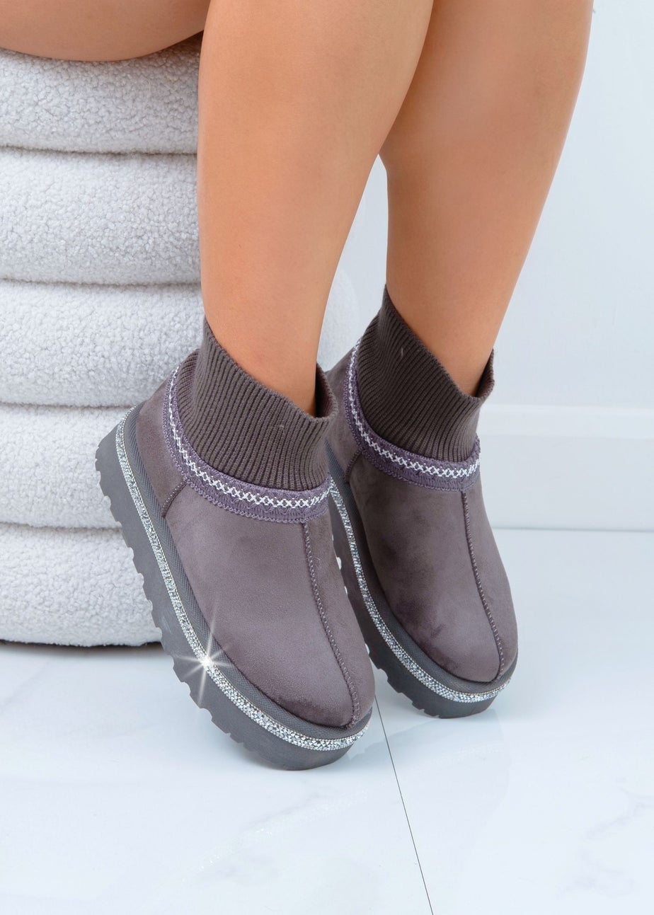 Love Lemonade Grey Sparkly Stretch Sock Warmer Mini Snugg Slipper Boots