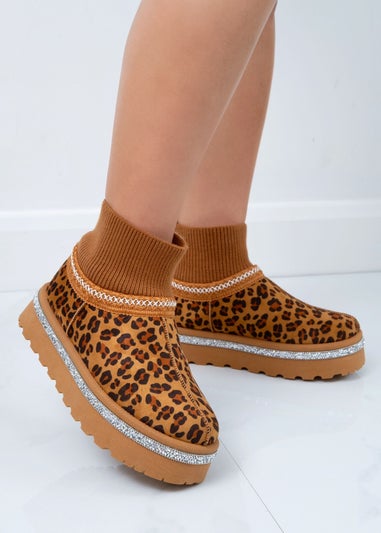 Love Lemonade Leopard Sparkly Stretch Sock Warmer Mini Snugg Slipper Boots